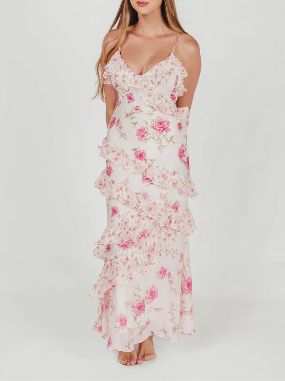 Jessica Simpson Floral Ruffle Maxi Dress - Pink